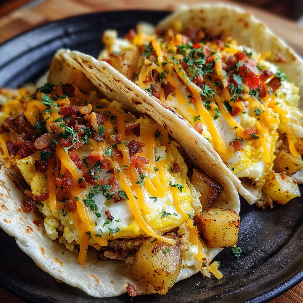 Crispy Potato, Fluffy Scrambled Egg, and Melted Cheese Breakfast Tacos with Fresh Toppings